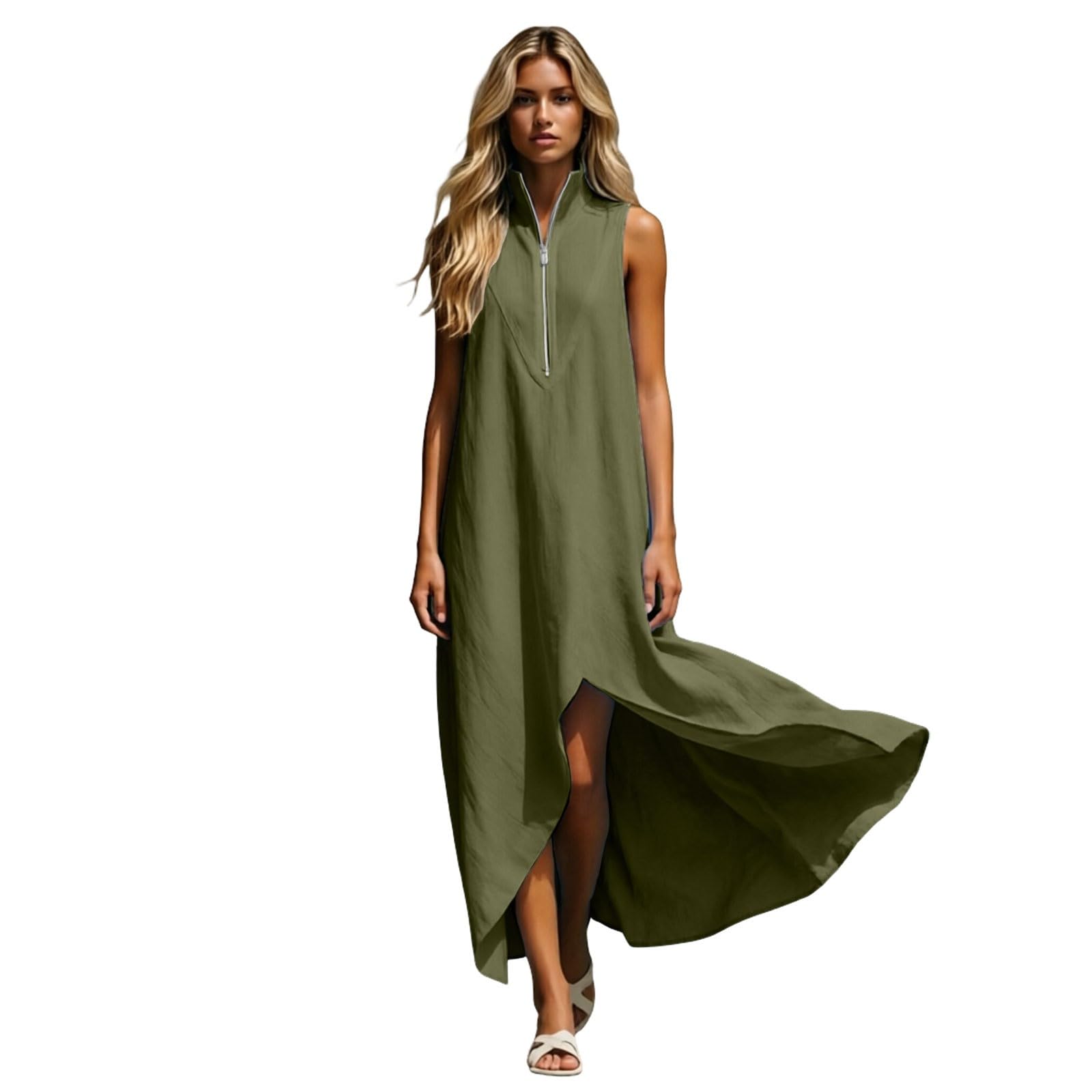 Vestido Minimalista sin Mangas de Corte Holgado con Cremallera Frontal, Talla Grande, Estilo Europeo.