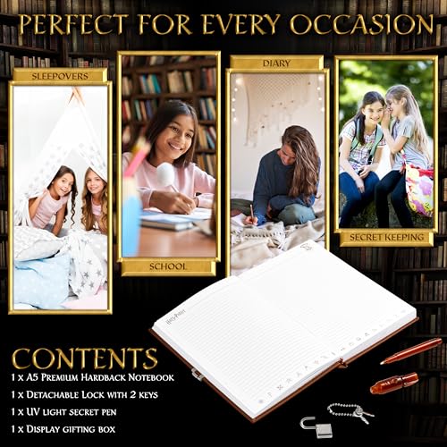 Harry Potter Regalos Originales Set Diario Secreto con Boligrafos de Tinta Invisible para Niños y Fanáticos Kit de Papeleria Material Escolar (Bolígrafo UV Marrón)