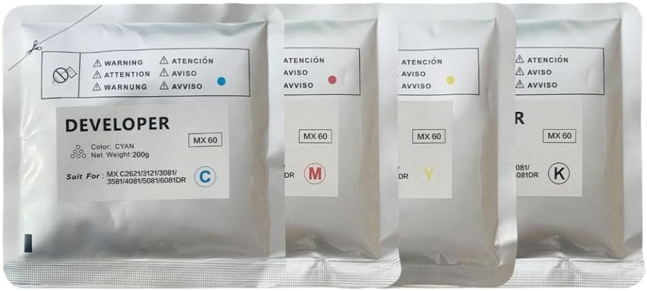 4pcs Compatible Developer Powder MX60 MX-60 200g CMYK Iron Toner for Copier Printer Models MX3081 MX4081 MX5081 MX6081 MX2621 MX3121(4pcs Cyan 200G)