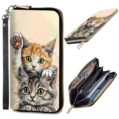 Womens Wallet, PU Leather RFID Cute Wristlet Wallets for Girls Women Ladies Purse Large Credit Card Clutch Purse Card Holder Coin Pocket Travel Wallets with Zipper, Cats