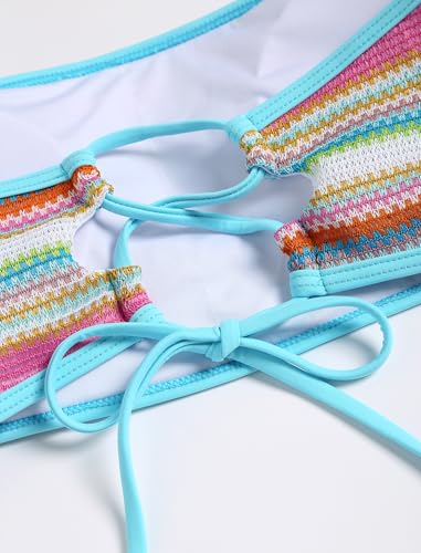 Image of ZAFUL Women Strapless Textured Bandeau Bikini 2 Piece Swimwear Cheeky Solid Lace up Bathing Suits