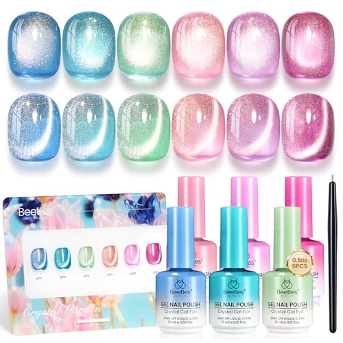 Image of Beetles Crystal Garden Cat Eye Gel Nail Polish Set - 6 Colors 15ML Full Size Spring Gel Polish Kit Glitter Pink Blue Orange Green Magnetic Effect Soak Off UV Nail Art DIY Manicure Gifts for Women