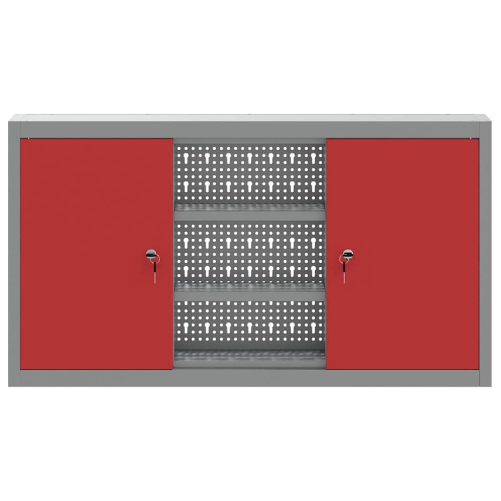 Szafa narzędziowa, szafka warsztatowa, szafka magazynowa z regałem, zamykana na klucz, 100 x 20 x 55 cm, czerwona i szara, 2 zamki krzywkowe, 6 półek, do warsztatu