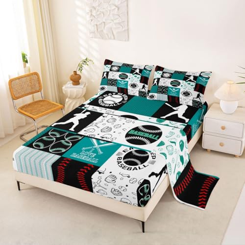 Image of Castle Fairy Baseball Bed Sheet 4 Piece,Patchwork Baseball Sheets Full Size Bed Set,Sports Geometric Grid Green Bedding Set with Flat,Fitted Sheet,2 Pillow Cases