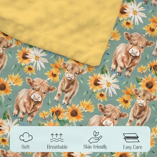 Image of Mink Baby Girl Blanket Highland Cow Sunflower, Western Cowgirl Calf Flower Soft Double Layer Dotted Backing Receiving Swaddle, Fall Autumn Newborn Infant Toddler Nursery Crib Bedding Shower Gift 30x40