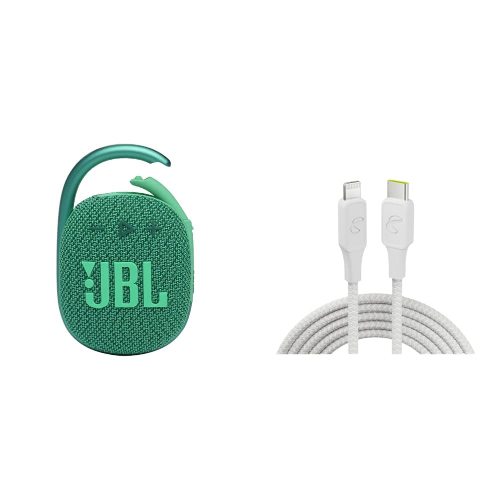 JBL Clip 4 Eco - Ultra-Portable Waterproof Speaker (Green) and InfinityLab InstantConnect USB-C to Lightning - 20W PD Fast Charging Cable for iPhone and iPad - White