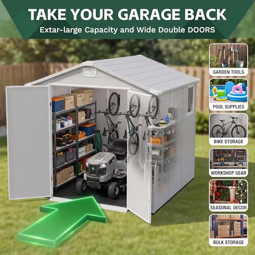 Image of Devoko 6 x 4 FT Resin Shed with Floor, Outdoor Plastic Storage Sheds with Windows, Waterproof Utility Tool Garden Shed with Lockable Door for Backyard Patio Lawn, Light Gray