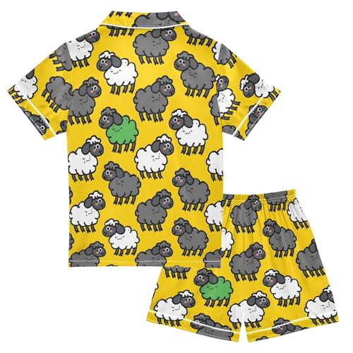 ALAZA Cartoon Sheep Yellow Satin Pajamas Set Short Sleeve Button Down Sleepwear Summer Pjs 2 Piece2