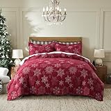 WDCOZY Christmas Quilt Queen Size Bedding Set with 2 Pillow Shams, Lightweight Bedspread Holiday Red Soft Coverlet Snowflake Pattern Comforter for All Seasons Bed Cover Home Decor