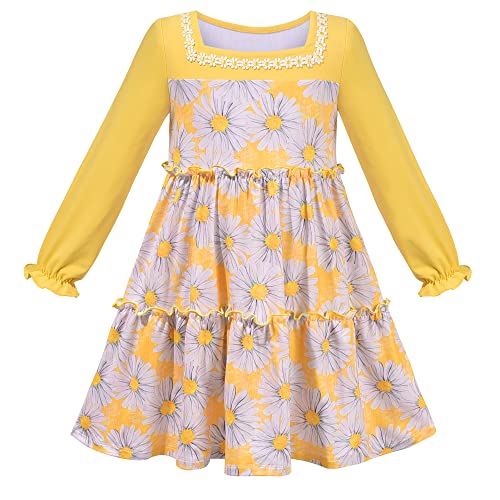 Sunny Fashion Girls Dress Yellow Daisy Floral Square Collar Layered Ruffle Long Sleeve