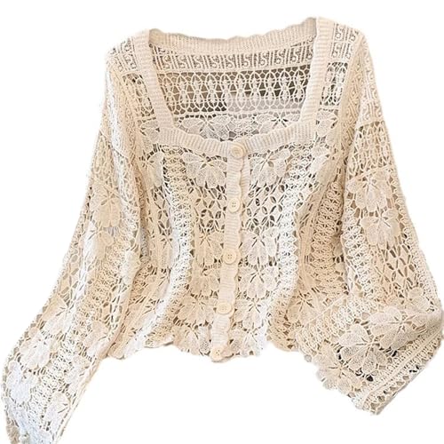 Womens Floral Lace Crochet Long Sleeve Cropped Cardigan Top Korean Styles Square Neck Button Down Mesh CoverupJackets