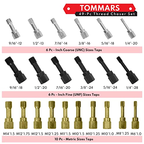 Image of TOMMARS 49-Piece Thread Chaser Set for UNC, UNF and Metric Threads | Thread Repair Kit with Taps, Dies and Thread Files for Rethreading, Restoring and Cleaning Internal and External Threads