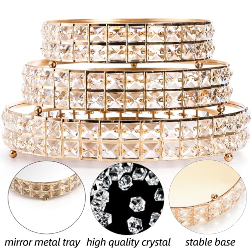 Image of Goaste 3 Pack Crystal Cake Display Stand with Mirror, 14 inch 12 inch 10 inch Metal Pedestal Gold Round Cake Plate Stand, Dessert Cookies Fruit Serving Tray with Shining Crystal Beads for Wedding, Birthday Party