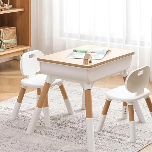 Oasisgalore Kids Table and 2 Chairs Set Toddler Table and Chair Set with Storage Basket & Drawers Multi-Activity Study Table for Kids Ages 2-8 Height Adjustable(Wood Colour 60.5 x 21 x 45cm)