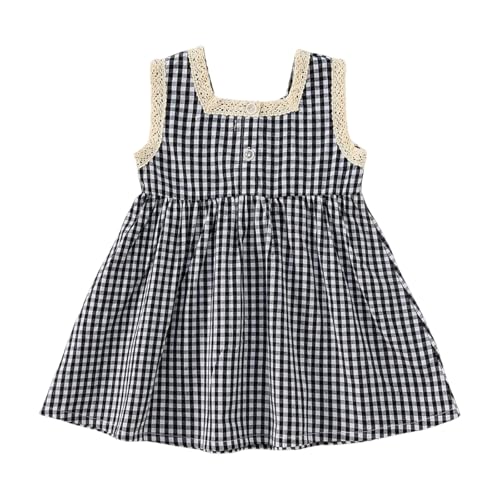 Girls Plaid Gingham Sleeveless A Line Dress Square Neck Lace Trim Dresses4