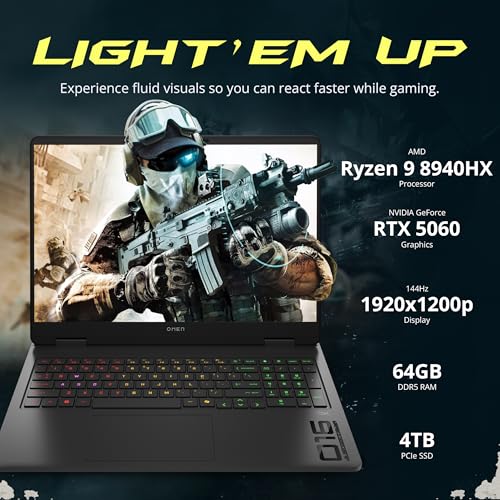 Image of HP Omen 16 inch 2K 144Hz Gaming Laptop, AMD Ryzen 9 8940HX, GeForce RTX 5060 Graphics, 64GB DDR5, 4TB SSD, 4-Zone RGB Backlit Keyboard, Copilot, Win 11 Pro, Shadow Black, 1TB Docking Station Set