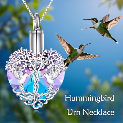 POPKIMI Hummingbird Urn Necklace for Ashes Sterling Silver Crystal Cremation Jewelry3