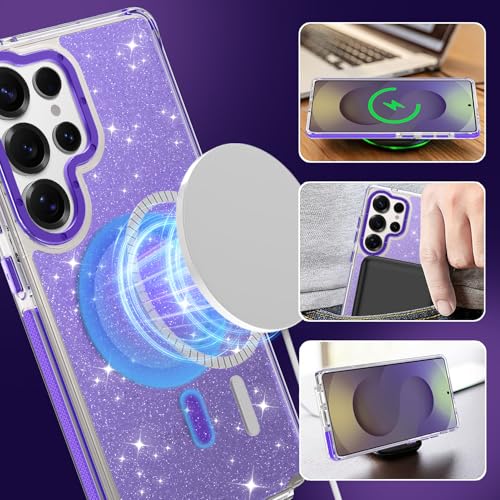 Image of Magnetic Case for Samsung Galaxy S25 Ultra [Compatible with Magsafe] [Bling Glitter Fluorescent Design] [1 Screen Protector] Slim Translucent Matte Case for Galaxy S25 Ultra 6.9 inch, Purple