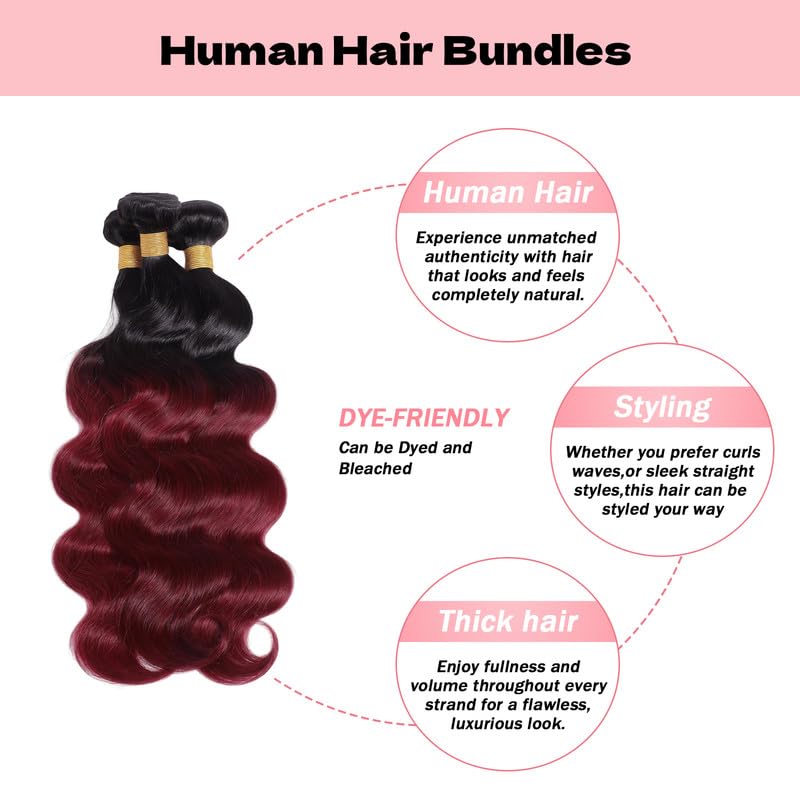 T1B/99J Ombre Burgundy Bundles Human Hair Body Wave 14 16 18 Inch Body Wave Human Hair Bundles Brazilian Virgin Remy Quick Weave for Black Women T1B/99J Color