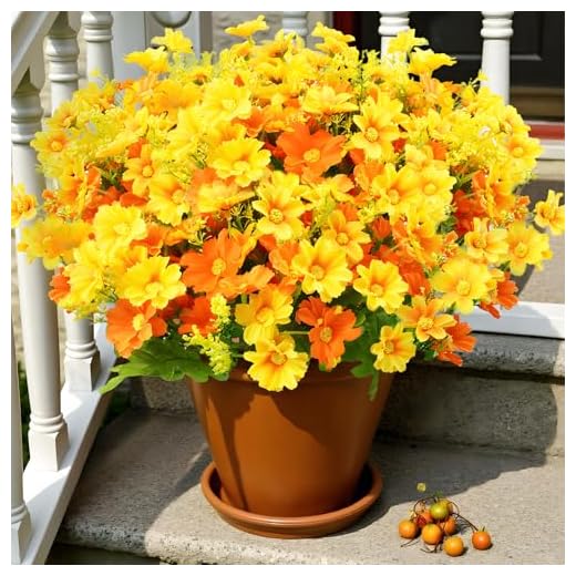 Artificial Fake Flowers, 6 Bundles Daisy Mums Flowers Outdoor UV Resistant No Fade Greenery Shrubs Plants Indoor Outside Hanging Planter Home Wedding Office DIY Garden Porch Décor (Orange Yellow)
