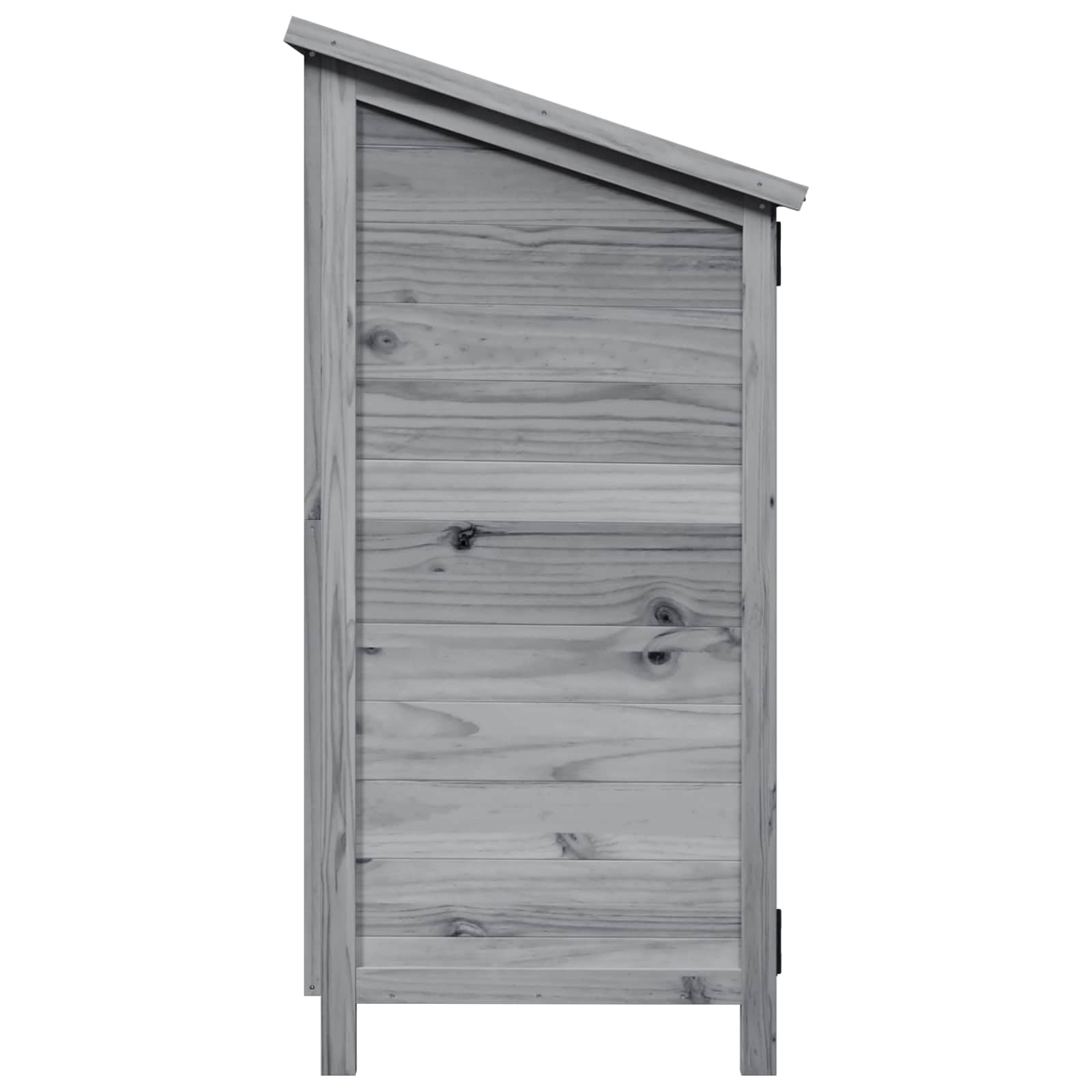 Domek ogrodowy, szary, materiał drewnopochodny, 106 x 56 x 113,5 cm, z drzwiami wentylacyjnymi i nachylonym dachem asfaltowym, schowkiem na narzędzia ogrodowe, narzędzia, rower, odporne na