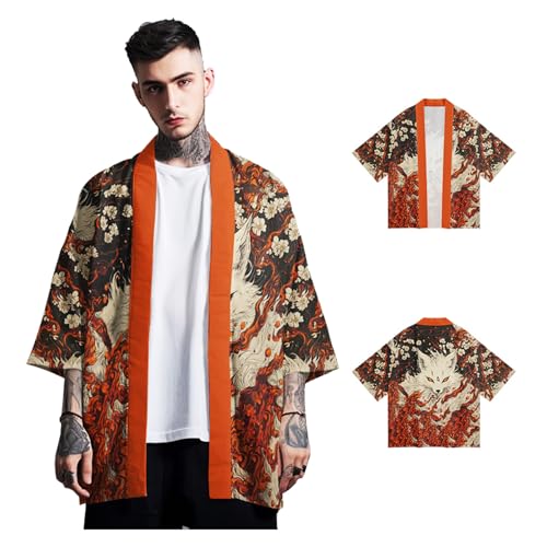 Kimono estampado para hombre con diseño de lobo y corte holgado