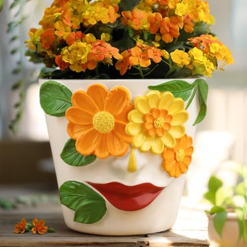 AmiCera Blumentopf mit Abstraktem Gesicht, Bunter Pflanztopf mit Drainage, Süßer Blumentöpfe für Zimmerpflanzen, Eklektischer Sukkulenten Übertopf Als Heimdekoration (Orange und Gelb, 14 cm)