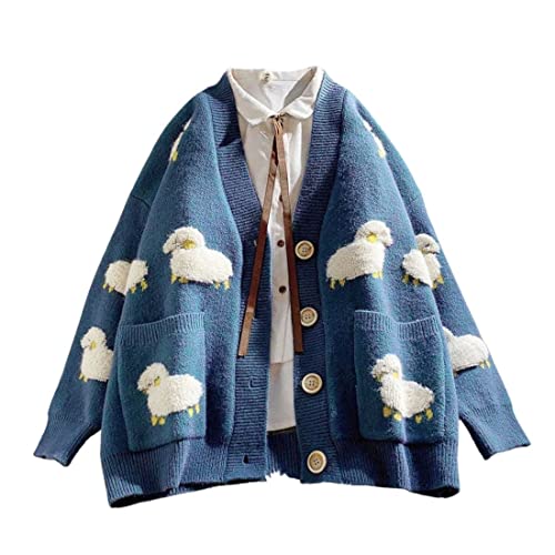 Image of FindThy Women's Kawaii Knitted Cardigan Long Sleeve Button Up Sheep Print Cute Sweater Cardigans