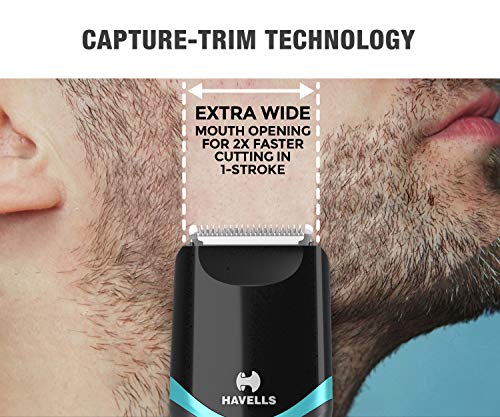 Image of Havells BT9005 Cord & Cordless Adjustable Beard Trimmer; Extra wide blade for faster cutting; Fast Charge allows 15 + trims; 19 Built-in Precise Lengths; (Black /Blue)