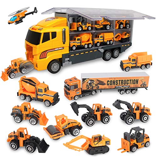 Jenilily Construction Truck Vehicle Container Car Toy Set Trucks Excavator Cement Truck Dumper Bulldozer Forklift Road Roller for Children Kids (12 in 1)