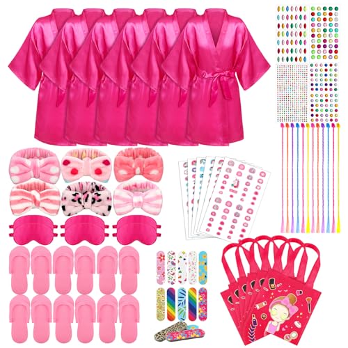 Newcotte 72 Pcs Kids Spa Party Supplies for Girls - Robes, Headbands, Slippers & Accessories for Birthday Party, 6 Sets