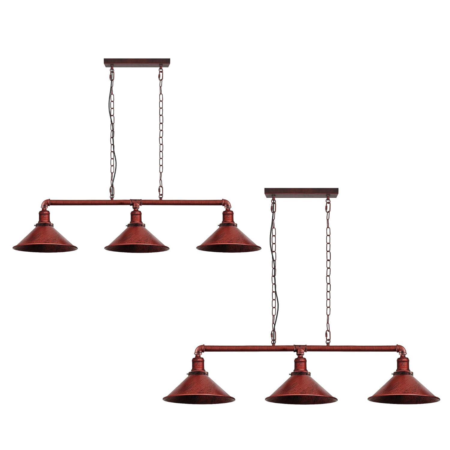 DC VOLTAGE Industrial Suspended Ceiling Pendant 3 Lamp Rustic Red Metal Water Pipe Vintage 22cm Shade with Hanging Chain Light Fitting for Living Room Home Decor & Improvement Essential