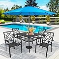 SUNCROWN 5-Piece Outdoor Wrought Iron Chairs and Table Patio Dining Furniture Set - 4 Stackable Metal Chairs, 1 Steel Slat Bistro Table and 1 Sky Blue 9Ft Patio Umbrella for Garden Backyard Deck