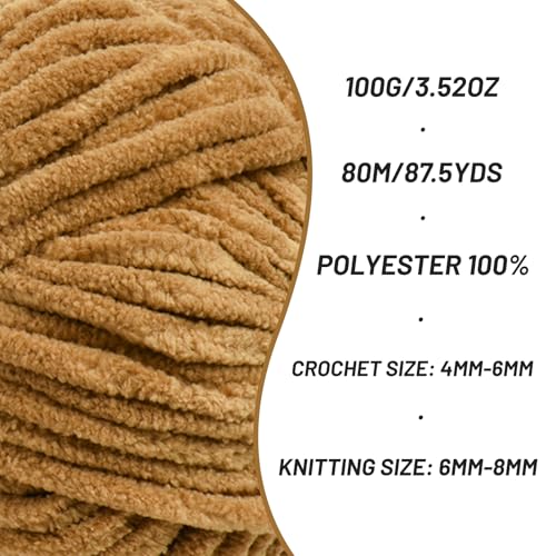 Image of 2 Pack Fluffy Chenille Yarn for Crocheting, Chunky Velvet Yarns for Crochet Amigurumi, Baby Yarn for Crocheting Soft Blanket, 174.9yds /7 oz Bulky Yarns for Crafts /Hats /Shoes /Socks (2 Brown)