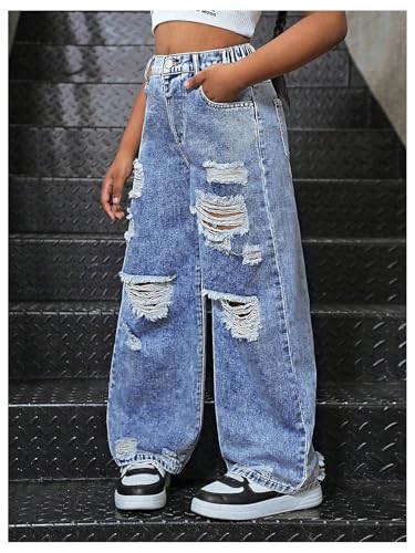 OYOANGLE Girl's High Rise Streetwear Ripped Baggy Jeans Wide Leg Casual Distressed Denim Pants4