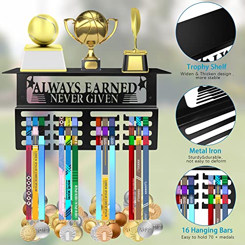 Medal Hanger Display With Trophy Shelf, Anslca 15.7 X 7.9 Inch-16 Hooks Holds 70+ Sports Medals Trophy And Medal Display Shelf Easy Install Metal Awards Display For Walls - Always Earned Never Given #TOP1