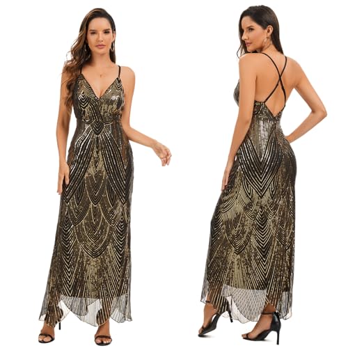 Women's V Neck Spaghetti Straps Sequin Sparkly Glitter Irregular Hem Prom Dress Backless Maxi...