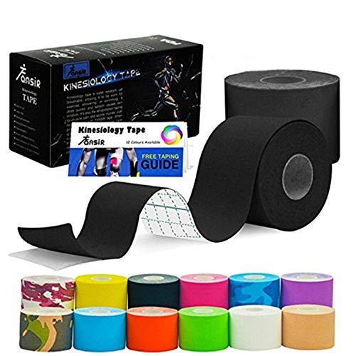 FANSIR Sports Kinesiology Tape Sport Tapes Muscle Tape Elastic Strapping Waterproof Support Tape for Exercise, Sports, Injury Recovery (5 CM x 5M, (Black - 2 Rolls)