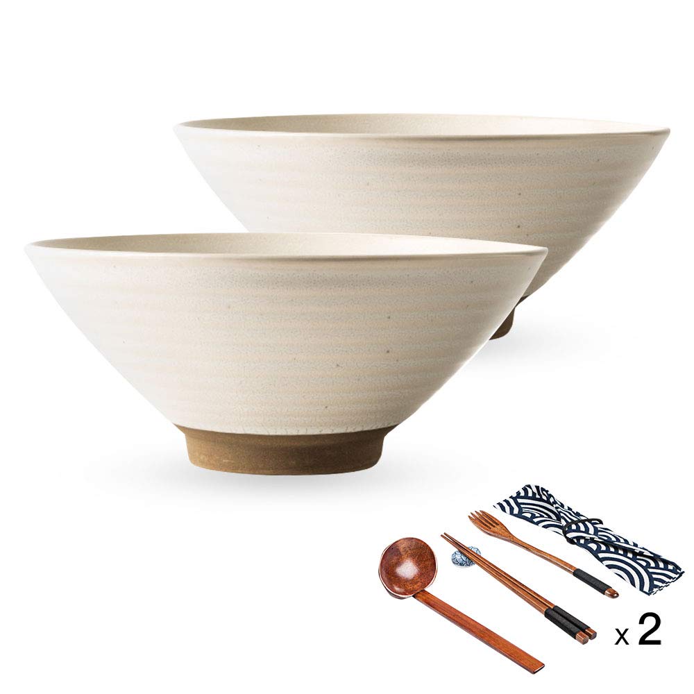 Genérico Tazón de Porcelana para Sopa de Fideos Ramen con Palillos y cucharas, 2 tazones japoneses Grandes de 600 ml para Udon, pho, Pasta y ensaladas, tazones para Cereales y Fideos.