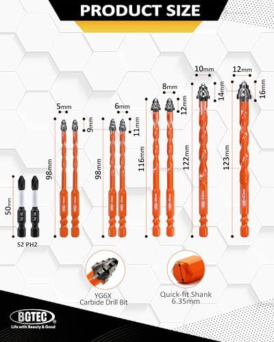 Four Blade Serrated Eccentric Masonry Drill Bit BGTEC - 10PCS 3/16" - 1/2" Carbide Concrete Drill Bits with PH2 Screwdriver Bit for Masonry/Brick/Concrete/Tile/Glass/Wood/Plastic/Marble — view 2