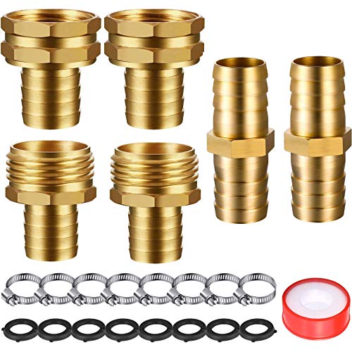 4 Set 3/4 Inch Solid Brass Garden Hose Connector Hose Mender Water Hose Repair Kit Female and Male Hose Connector with Tape Stainless Steel Clamp and Rubber Gasket