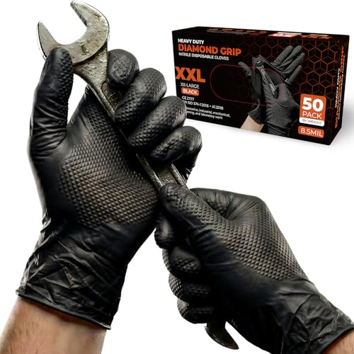 PRAIMA Mechanic Gloves Diamond Grip Black Nitrile Disposable Gloves | Powder-Free Latex-Free Extra Thick & Strong Rubber Gloves for Work Automotive Industrial and Cleaning Use (XXL 50 count)