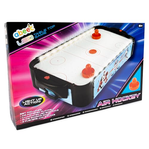 abeec Tabletop Air Hockey Game – LED Light-Up Air Hockey Table for Kids & Adults – Compact & Portable Set with 2 Pushers & 2 Pucks – Family Fun & Arcade Thrills