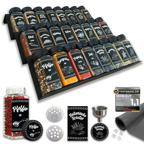 Perfektura Gewürz Organizer Schublade Gewürzregal Schublade - 24 Gewürzgläser mit Etiketten Premium Schubladen Organizer ausziehbar & flexibel einstellbar