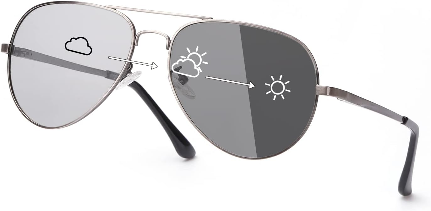 Mens Polarized Photochromic Sunglasses, Aviator Sport Driving Sunglasses, UV 400 Protection with Large Metal Frame