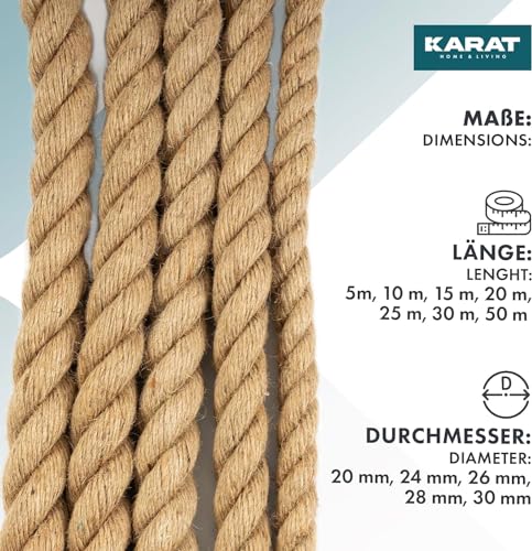 KARAT Kletterseil 10m 20mm Dicke Juteschnur, Tau Seil aus 100% Natur Jute extra Starke Juteband Schnur, Kordel Garn für Sport, Garten Dekoration, Bastelarbeiten Kratzbaum