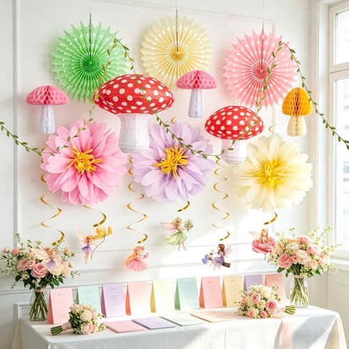 Image of 17PCS Fairy Birthday Party Decorations Set Fairy Themed Red Green Purple Pink Paper Mushroom Lantern Decor for Girls Birthday Decor Spring Tea Party Baby Shower