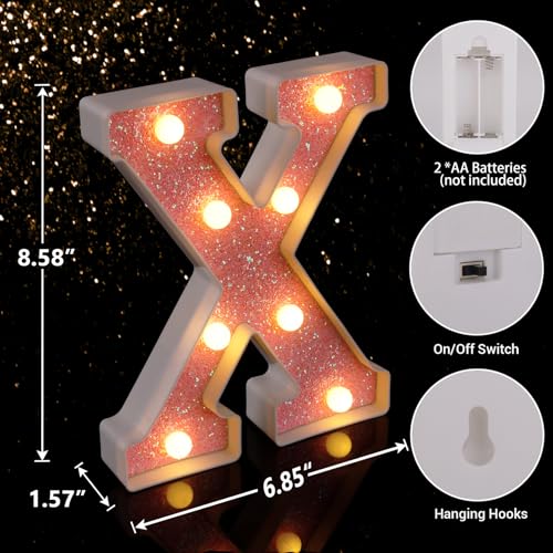 Image of LED Letter Lights Pink Glitter Marquee Letters Light Up Alphabet Letters Sign Battery Powered for Home Party Decoration Night Bar Wedding Birthday Christmas Lamp Girls Gift - Letter X
