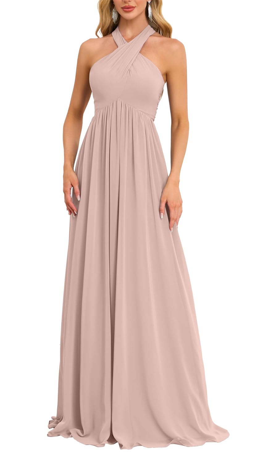 Hppee Women's Blush Pink Halter Bridesmaid Dress For Wedding Corset A Line Chiffon Formal Evening Dresses Prom Gown Uk8