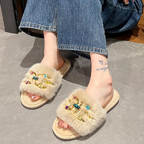 Womens Slides Fuzzy Fluffy Furry Open Toe Slippers with Multicolor Rhinestones Soft Flat Comfy Anti-Slip Spa Flip Flop House Shoes2